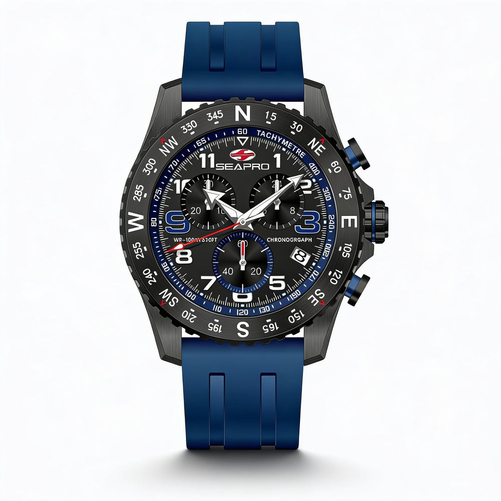 Seapro Men's Quartz Chronograph Watch, Black Stainless Steel Case, Rubber Strap, 100M Water Resistant