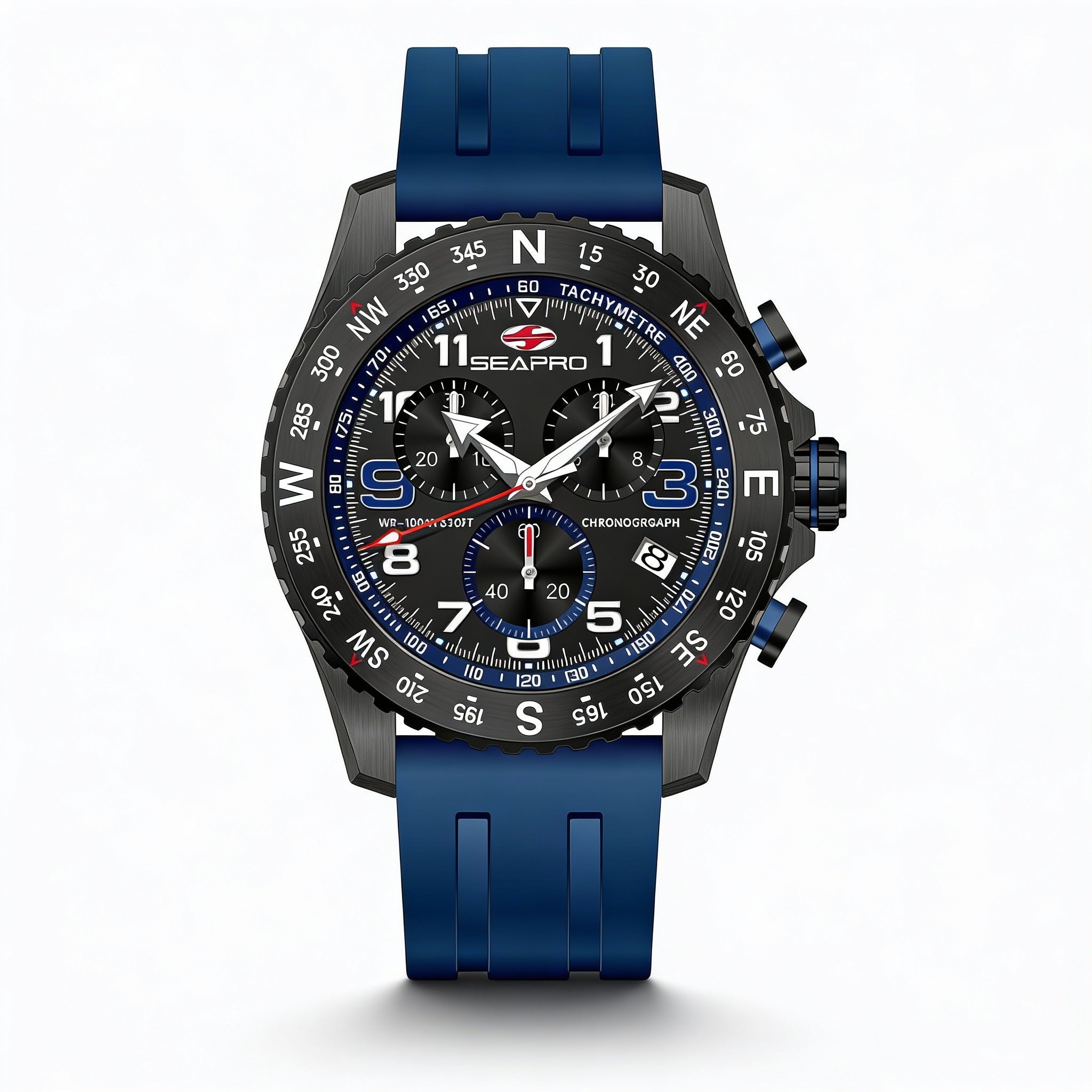 Seapro Men's Quartz Chronograph Watch, Black Stainless Steel Case, Rubber Strap, 100M Water Resistant, Photo 1