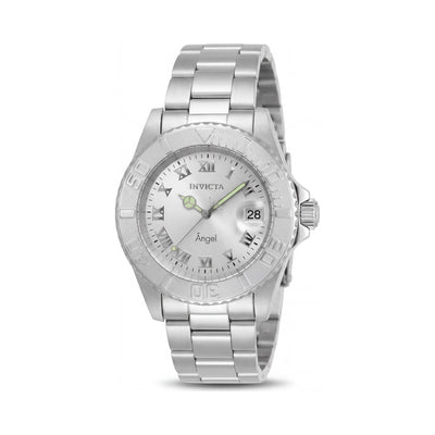 Reloj Invicta para mujer, de acero inoxidable, esfera plateada, cuarzo, resistente al agua hasta 20 bares, con brillantina en la oscuridad y marcas en el bisel.