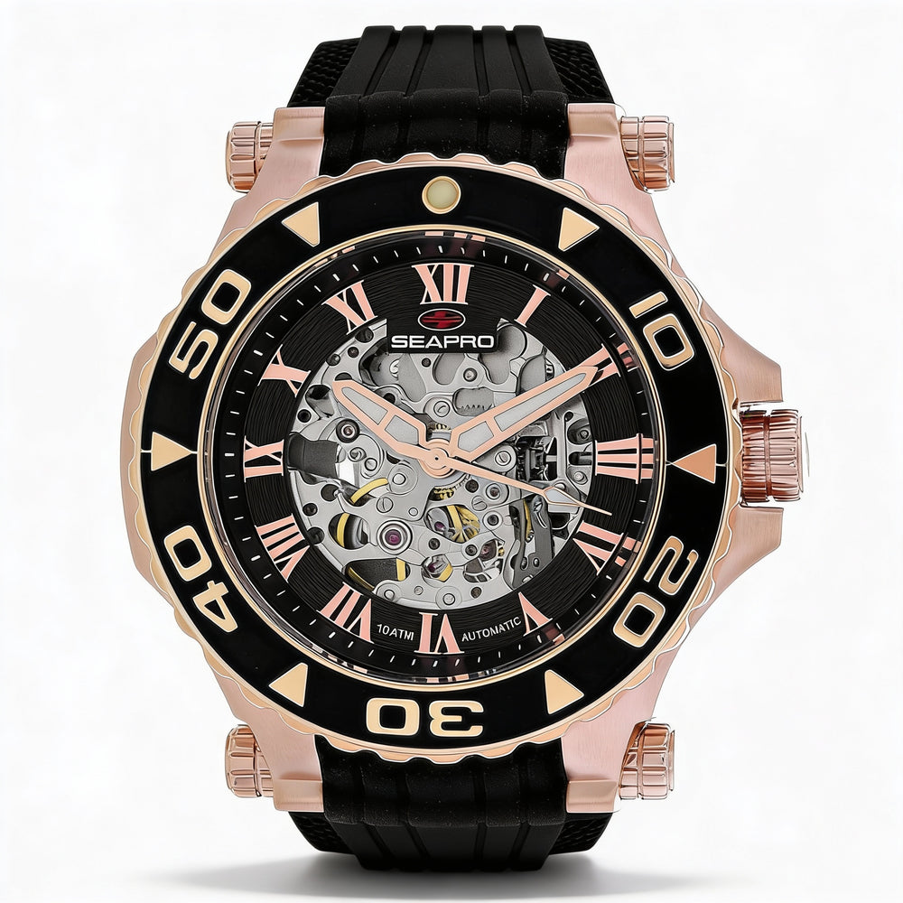Seapro Modern Men's Black Dial Stainless Steel Automatic Water Resistant Watch with Rubber Strap