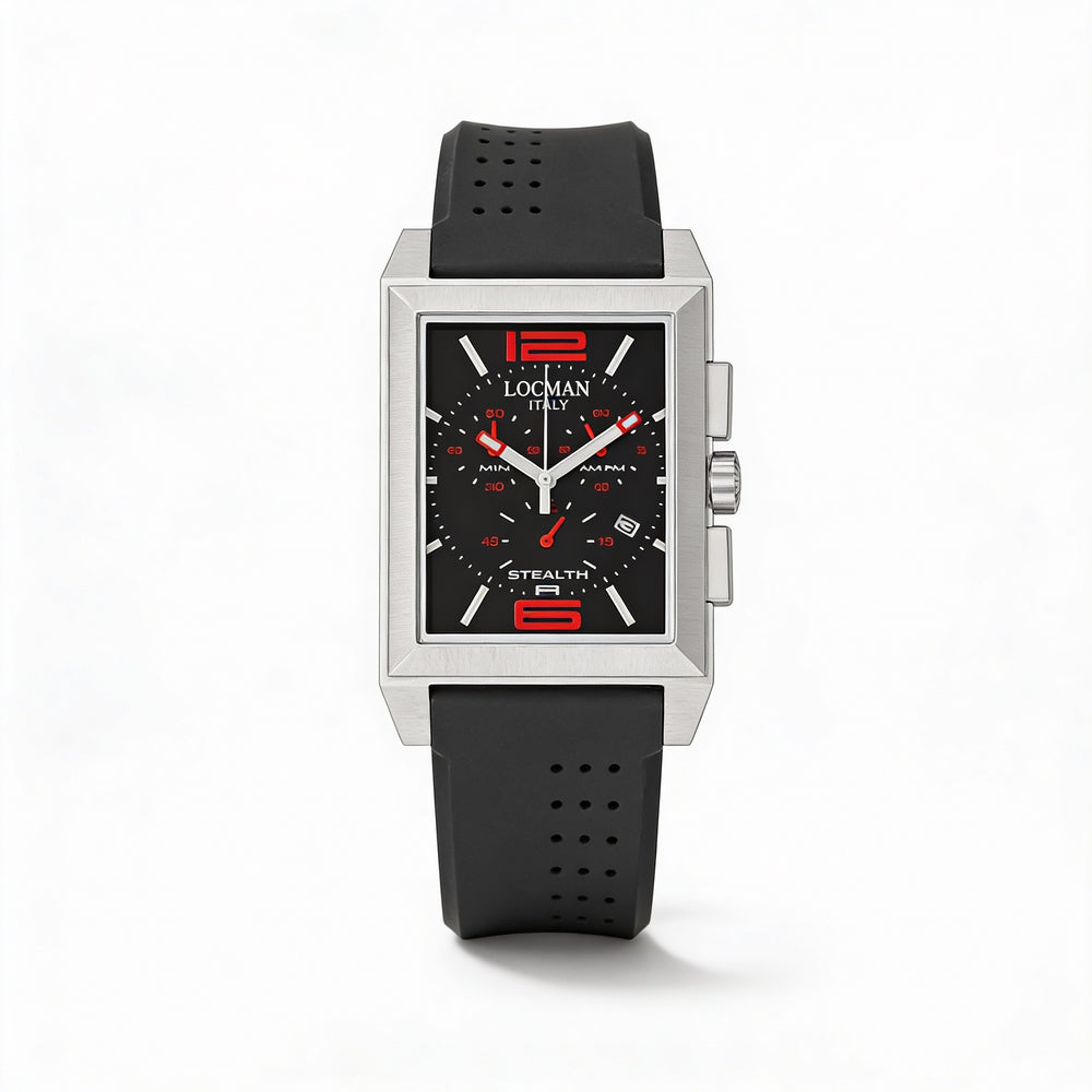 Locman Men's Quartz Watch, Black Dial, Stainless Steel Case, Silicone Strap, Water Resistant, Scratch Resistant Mineral