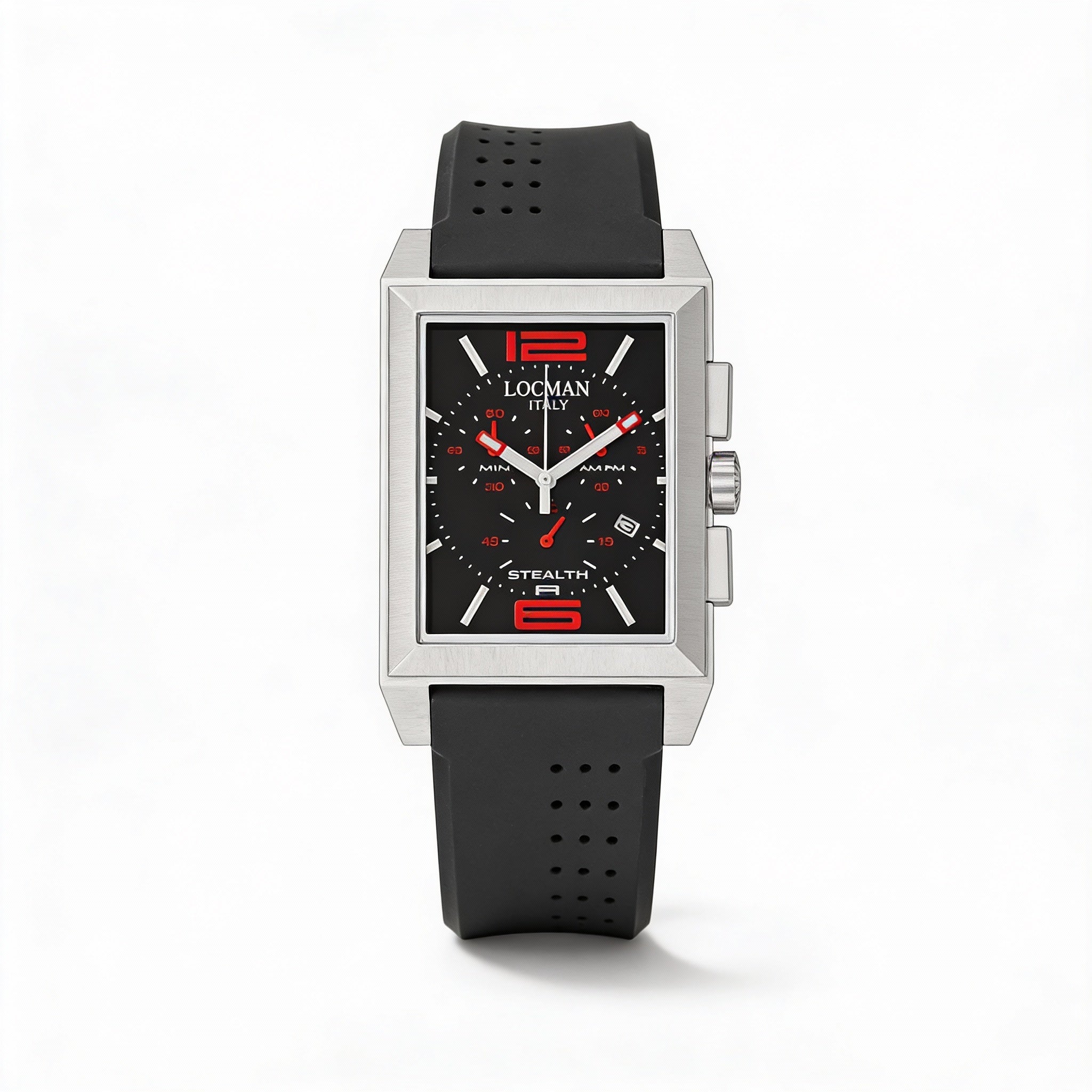 Reloj de cuarzo Locman para hombre, esfera negra, caja de acero inoxidable, correa de silicona, resistente al agua, mineral resistente a arañazos., Photo 1