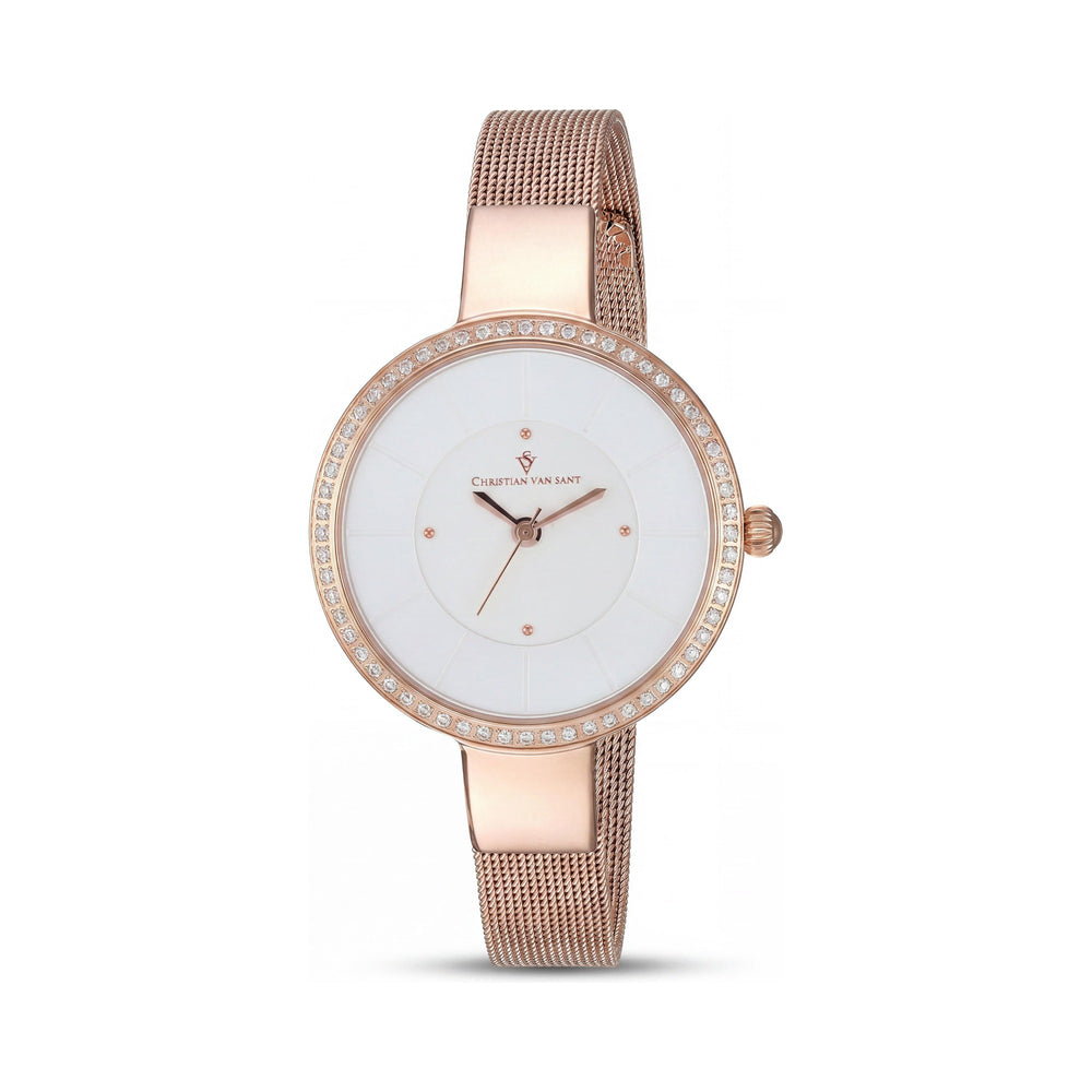 Reloj de pulsera Christian Van Sant CV0221 para mujer, acero inoxidable oro rosa, esfera plateada, cristales, cuarzo, 32 mm