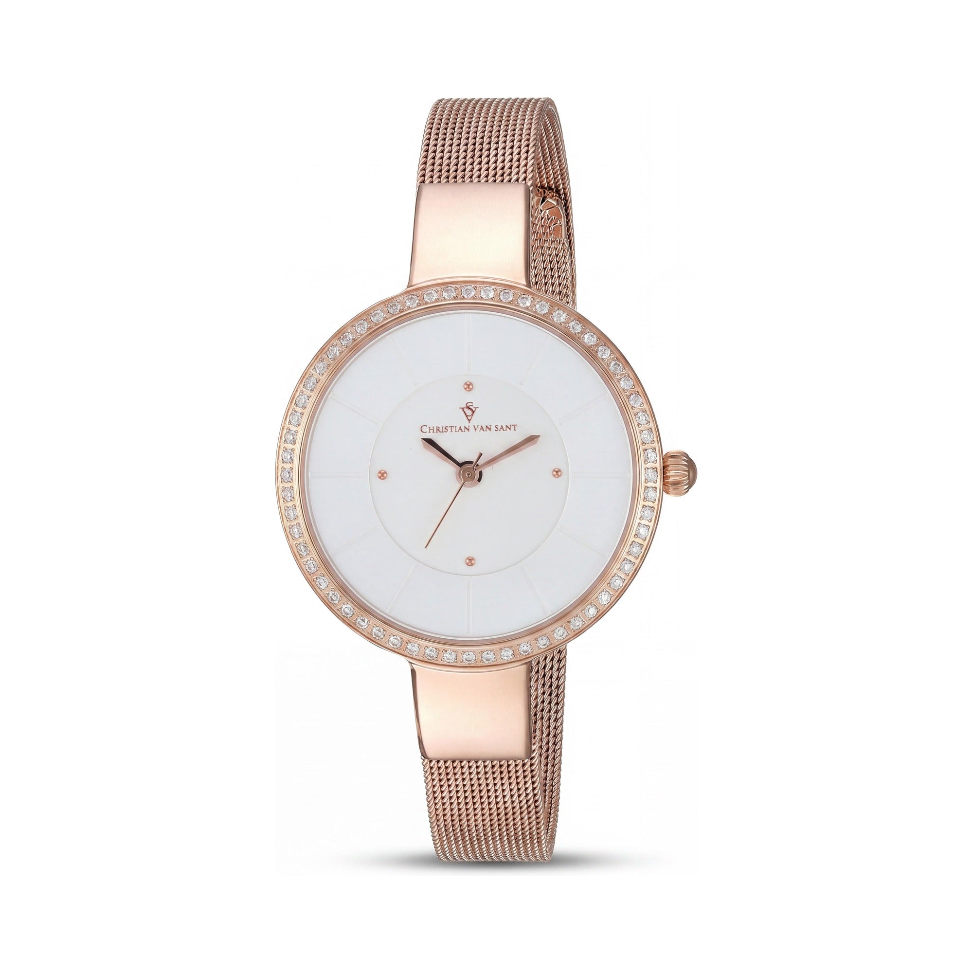 Reloj Christian Van Sant para mujer, brazalete de acero inoxidable chapado en oro rosa, esfera plateada, cristales, cuarzo, 32 mm, Photo 1