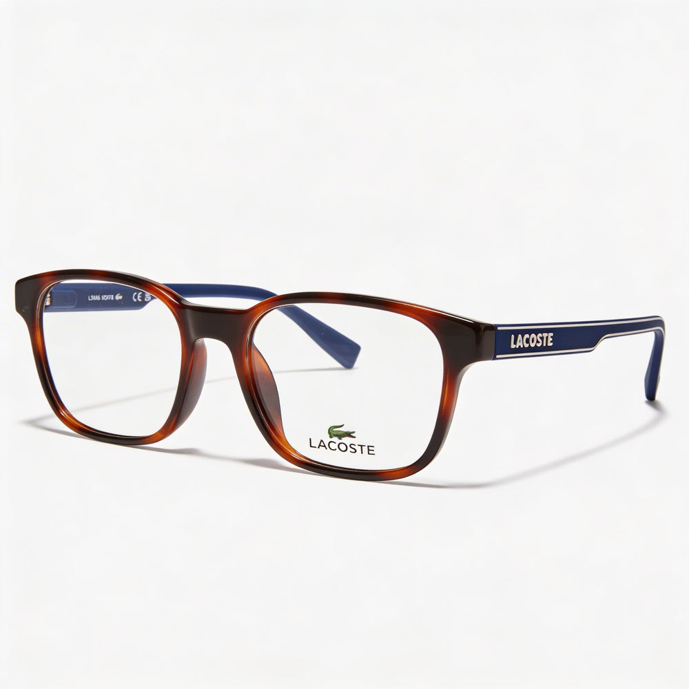 Gafas ópticas unisex modernas Lacoste con montura de plástico color Habana y lentes de 49 mm de ancho.