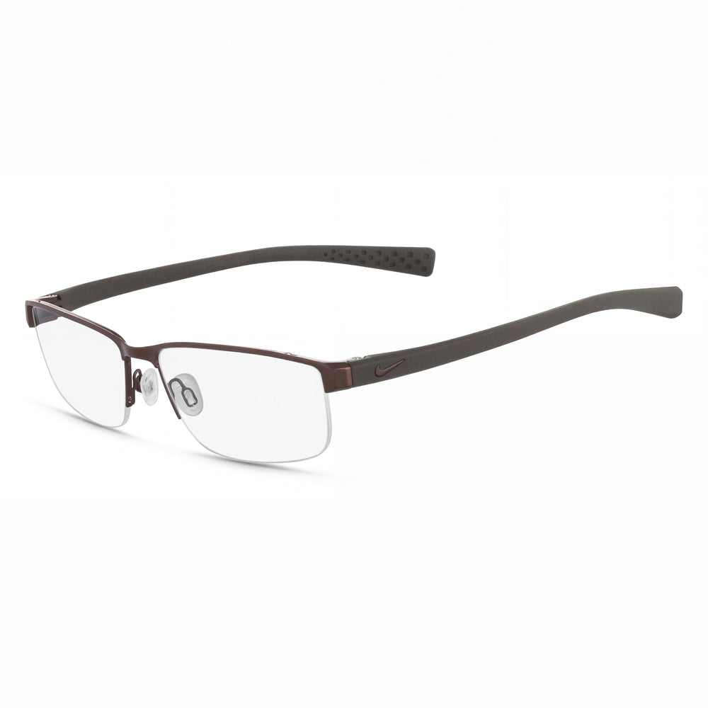 Nike Casual Men's Ophthalmic Eyeglasses, Walnut-Cargo Khaki Frame, Transparent Plastic Lenses 56-16-140