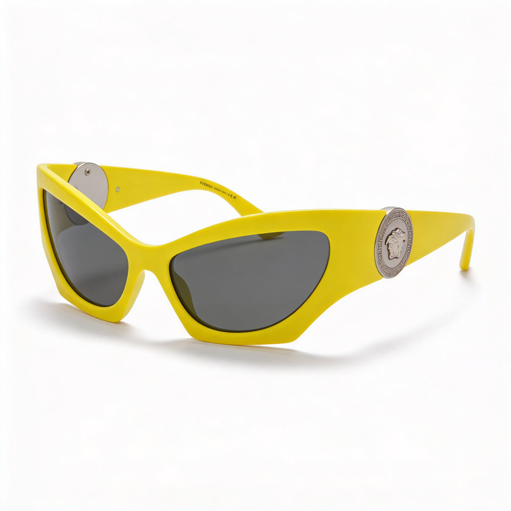 Versace VE4450 Women's Cat Eye Yellow Dark Grey Plastic Frame Sunglasses with Grey Lenses 100% UV Protection 60mm