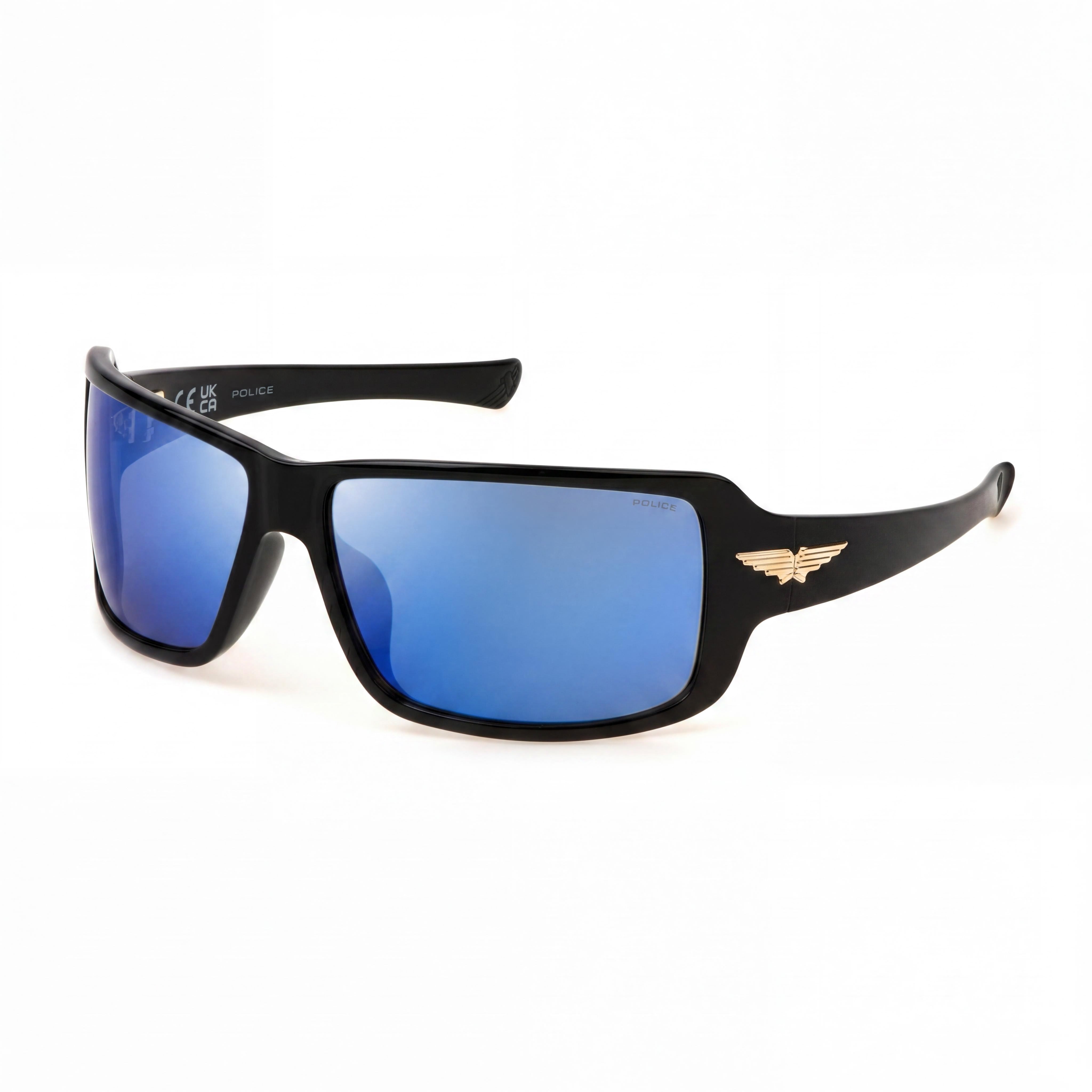 Gafas de sol Police Casual para hombre, sin polarizar, en negro brillante, con lentes azul ahumado espejado, 65 mm, Photo 1