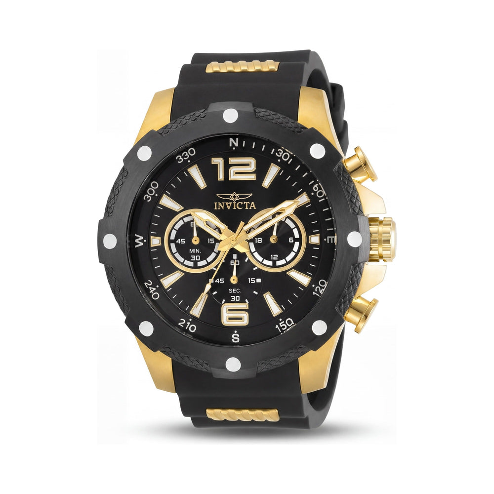 Invicta Cronógrafo Unisex Caja de Acero Inoxidable Dorado Esfera Negra Cuarzo Pantalla de Doble Hora Correa de Silicona 50mm