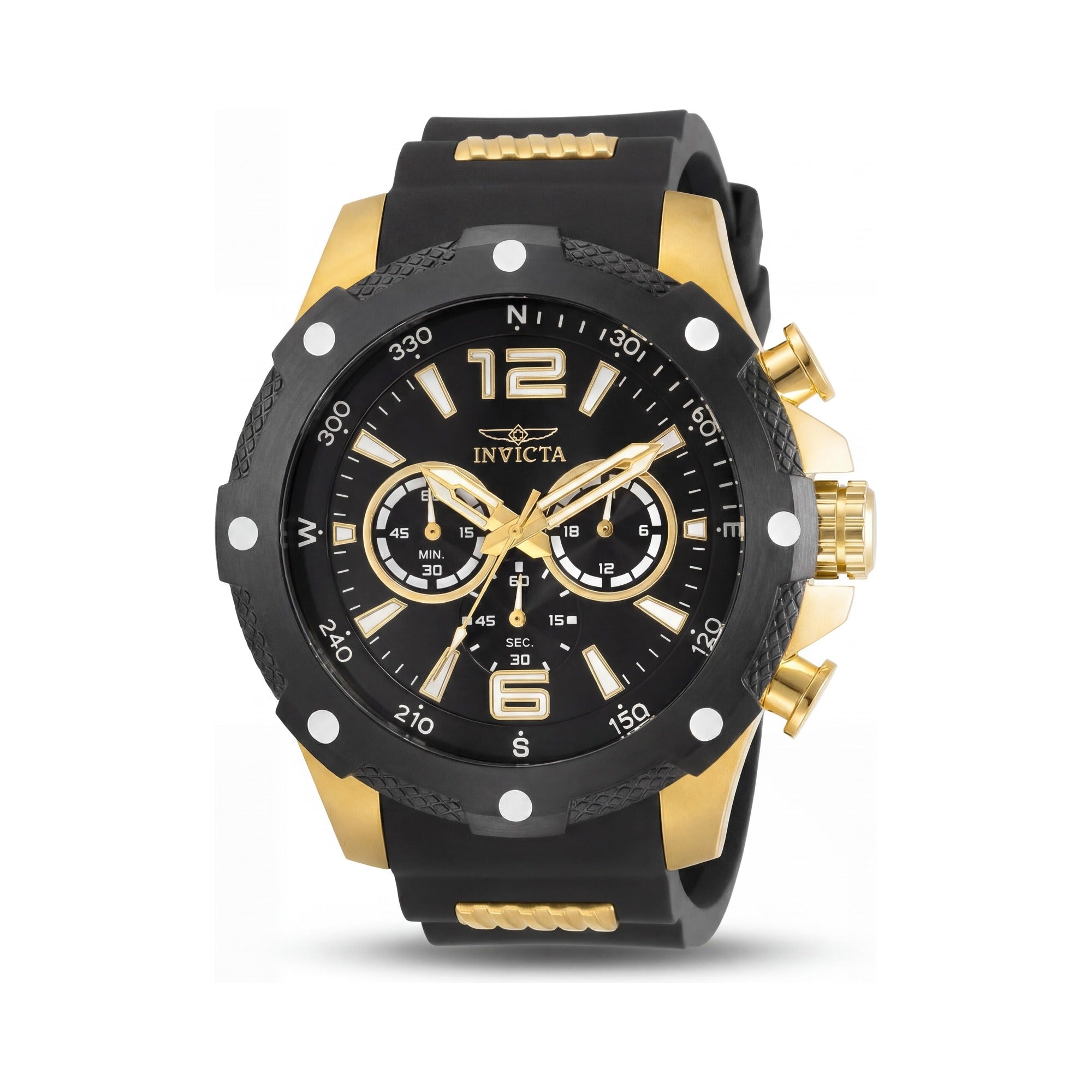 Invicta Chronograph Unisex Gold Stainless Steel Case Black Dial Quartz Dual-Time-Display Silicone Band 50mm, Photo 1