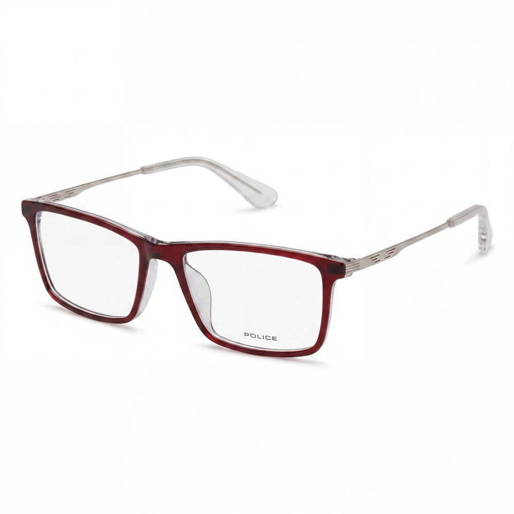 Montura óptica Police Classic para hombre en color burdeos con combinación de aceite y metal, 52/16/145, con lentes transparentes de demostración