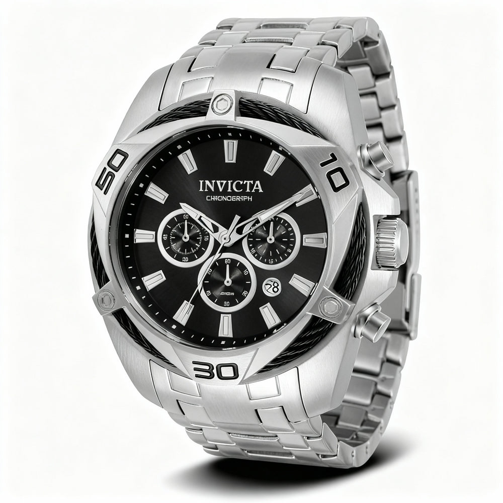 Reloj Invicta para hombre, cronógrafo de cuarzo, acero inoxidable, tono plateado, esfera negra, cristal Flame Fusion, resistente al agua hasta 100 m, 50 mm