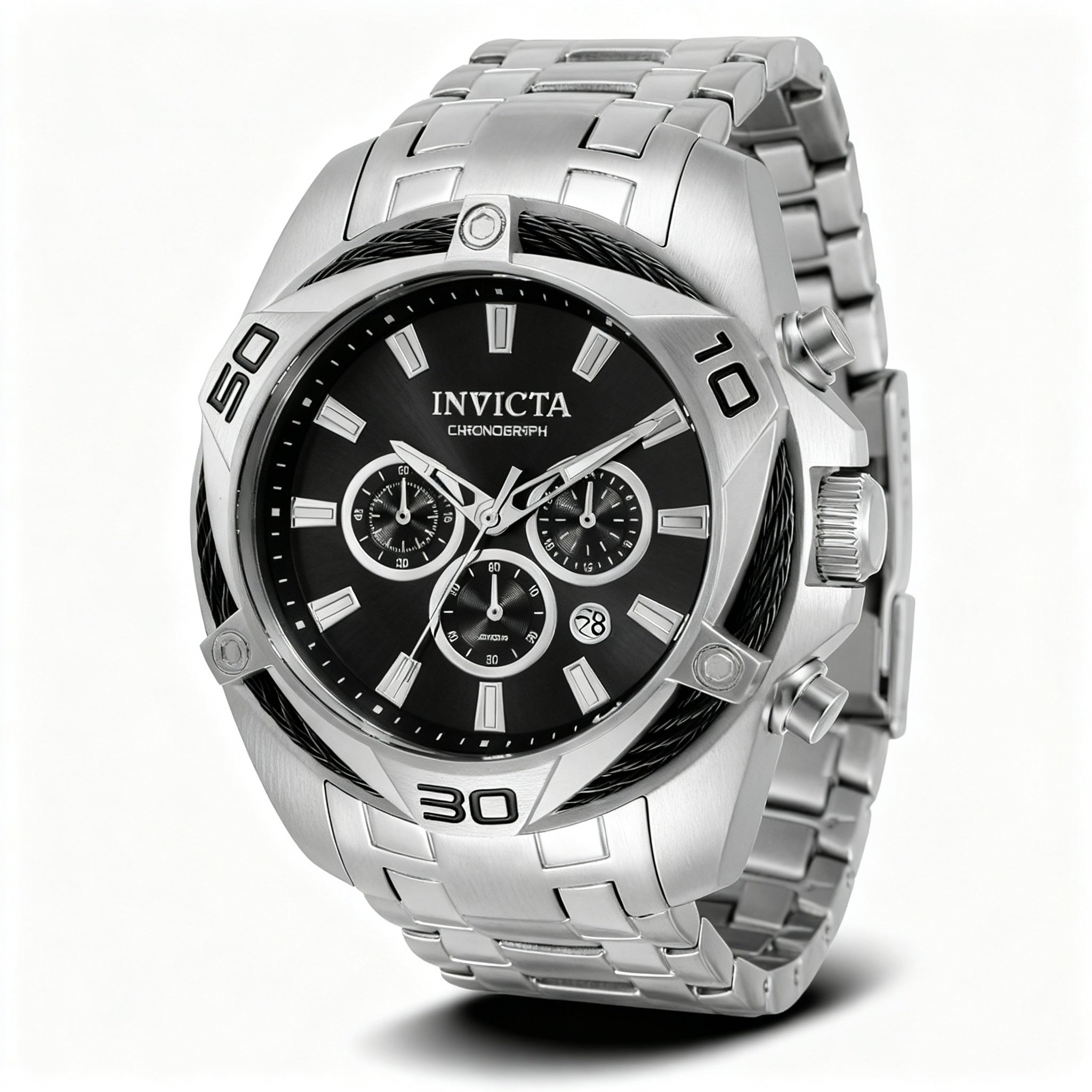 Invicta Men's Chronograph Quartz Silver-Tone Stainless Steel Watch Black Dial Flame Fusion Crystal 100M Water Resistant 50mm