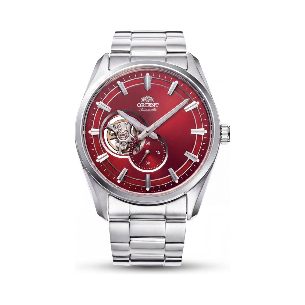 Reloj Orient para hombre, automático, contemporáneo, de corazón abierto, con esfera roja carmín, acero inoxidable, 42 mm