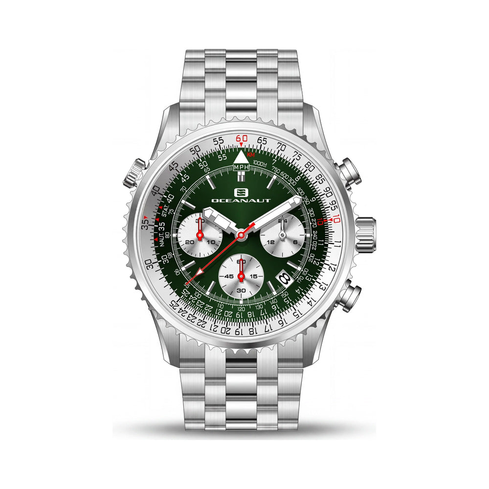 Reloj cronógrafo Oceanaut para hombre con esfera verde, caja y pulsera de acero inoxidable.