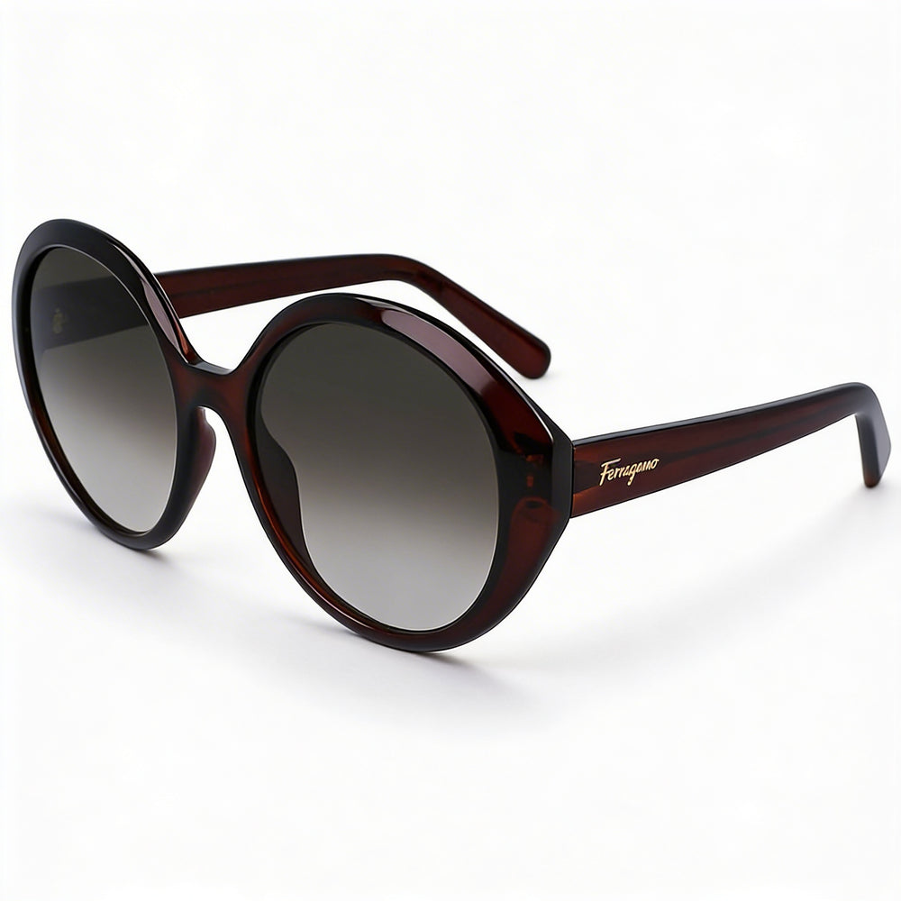 Gafas de sol ovaladas de plástico color marrón cristal Ferragamo SF1067S para mujer con lentes grises degradadas y 100 % de protección UV, 57 mm
