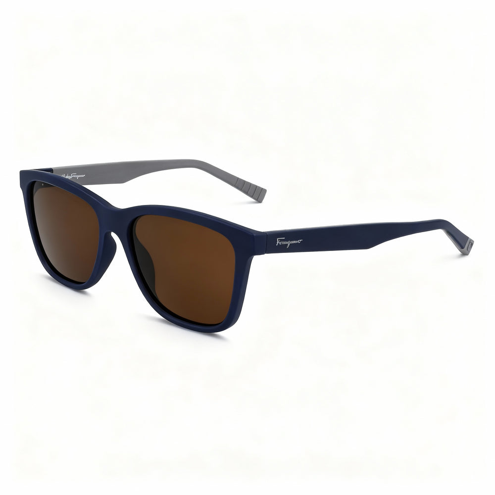 Gafas de sol unisex Salvatore Ferragamo SF998S de acetato rectangular modificado, 57 mm, montura azul mate y lentes marrones