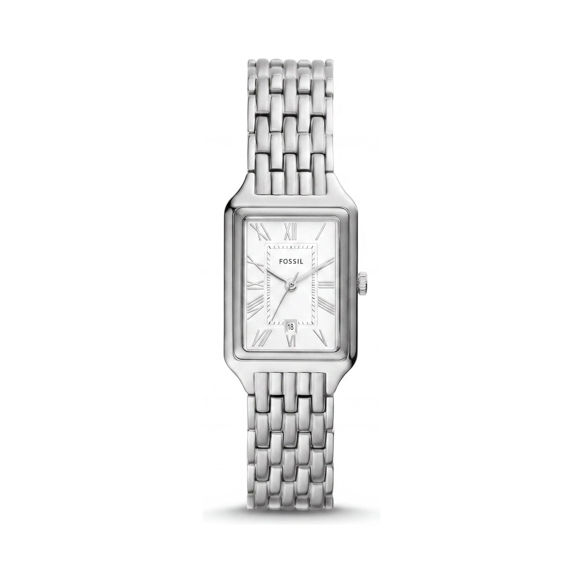 Fossil Raquel Reloj de pulsera con fecha de tres manecillas ES5221 para mujer con caja y brazalete de acero inoxidable tono plateado, 23 mm, Photo 1