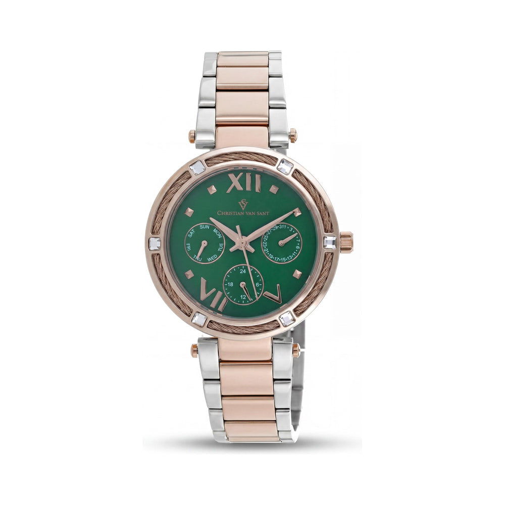 Reloj de cuarzo para mujer con pulsera Christian Van Sant: caja de acero inoxidable, pulsera de acero inoxidable, esfera verde.