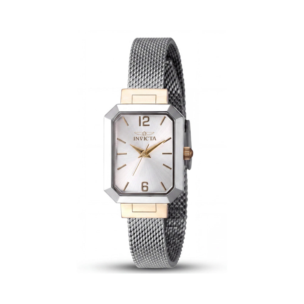 Invicta Women's Angel Collection 48150 Reloj de cuarzo de acero inoxidable plateado con marcas en el bisel, números arábigos, caja de 21 mm
