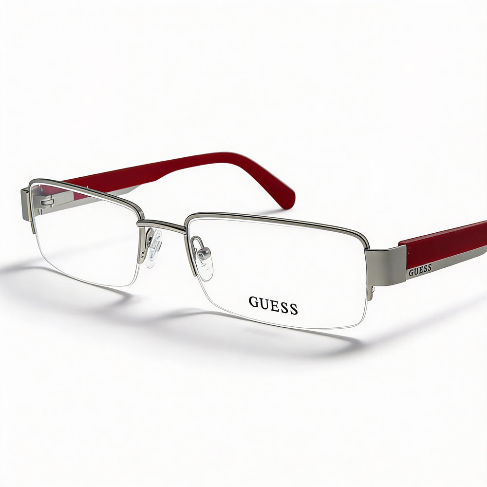 GUESS Eyewear for Men and Women, Silver Red Metal Optical Frame with Non- Lenses, Size 55-18-145