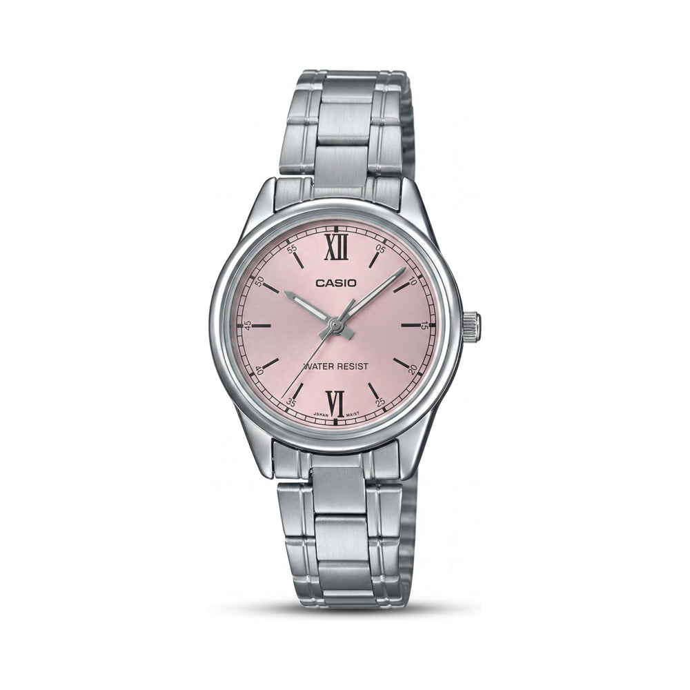 Casio LTP-V005D-4B2 Women's Analog Quartz Watch, Silver Pink Frame, Stainless Steel Case & Band, Mineral Crystal, Water Resistant