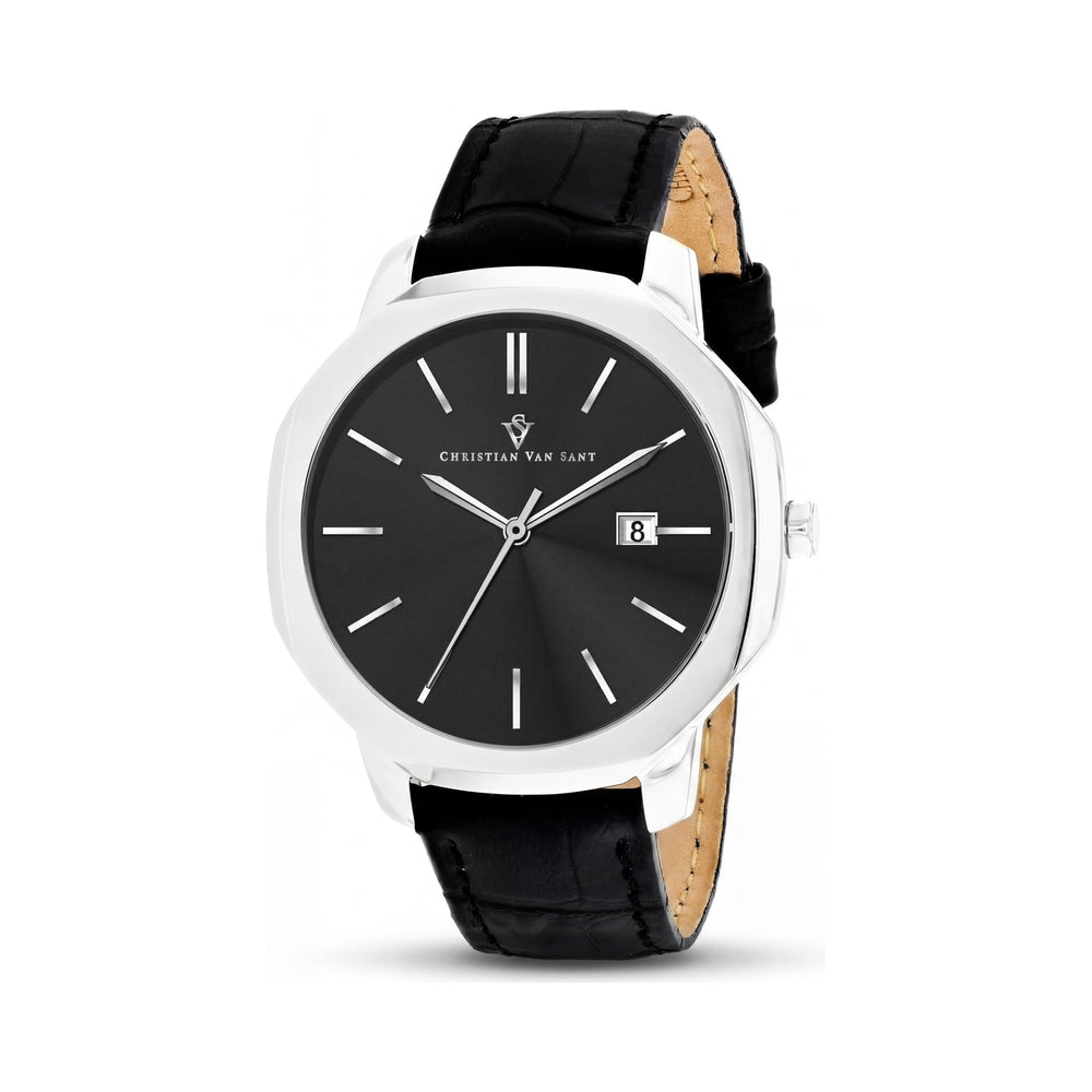 Reloj de cuarzo Christian Van Sant CV0530 para hombre, con caja de acero inoxidable negro, correa de cuero y esfera plateada, resistente a los golpes.