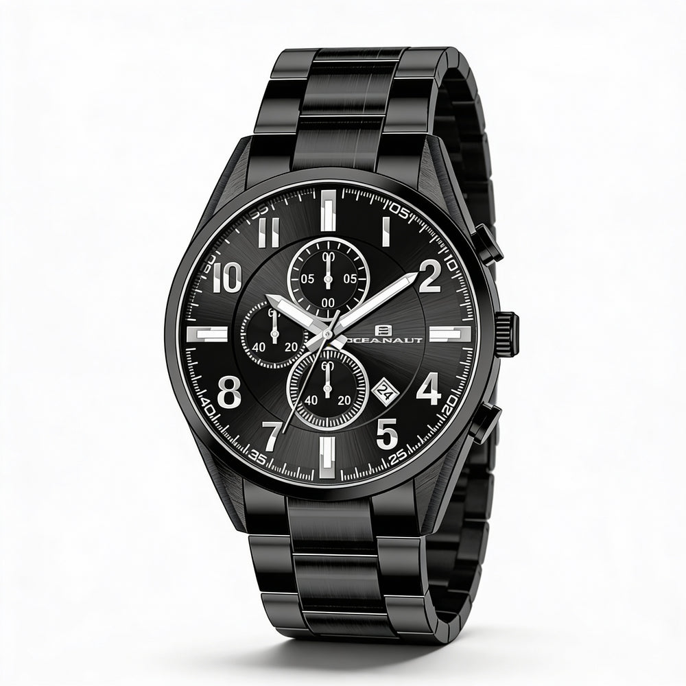 Reloj Oceanaut para hombre, con esfera negra, caja y pulsera de acero inoxidable, cronógrafo de cuarzo, resistente al agua hasta 100 m.