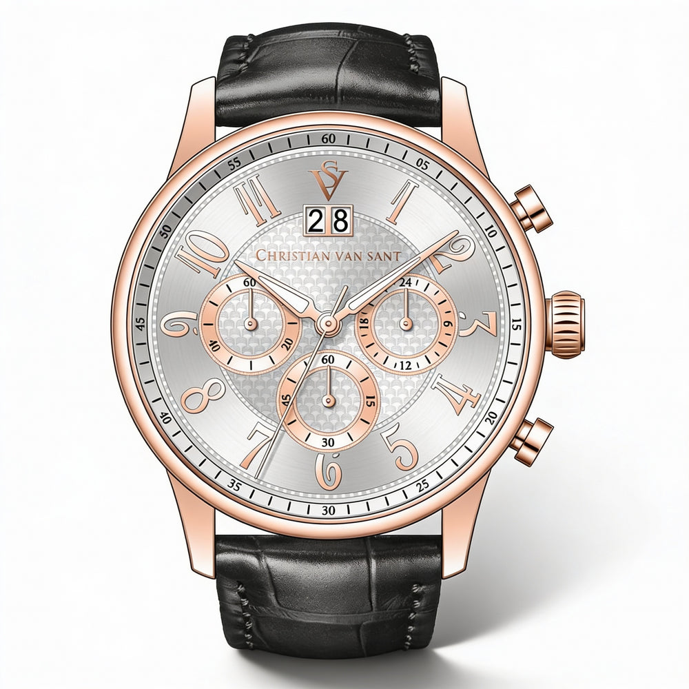 Christian Van Sant Men's Strap Leather Chronograph Silver Stainless Steel Watch
