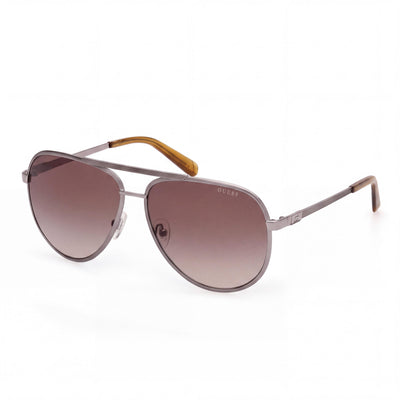 Gafas de sol de aviador metálicas a rayas GUESS para mujer, montura de metal satinado brillante, lentes marrones degradadas, 100% protección UV, 61 mm