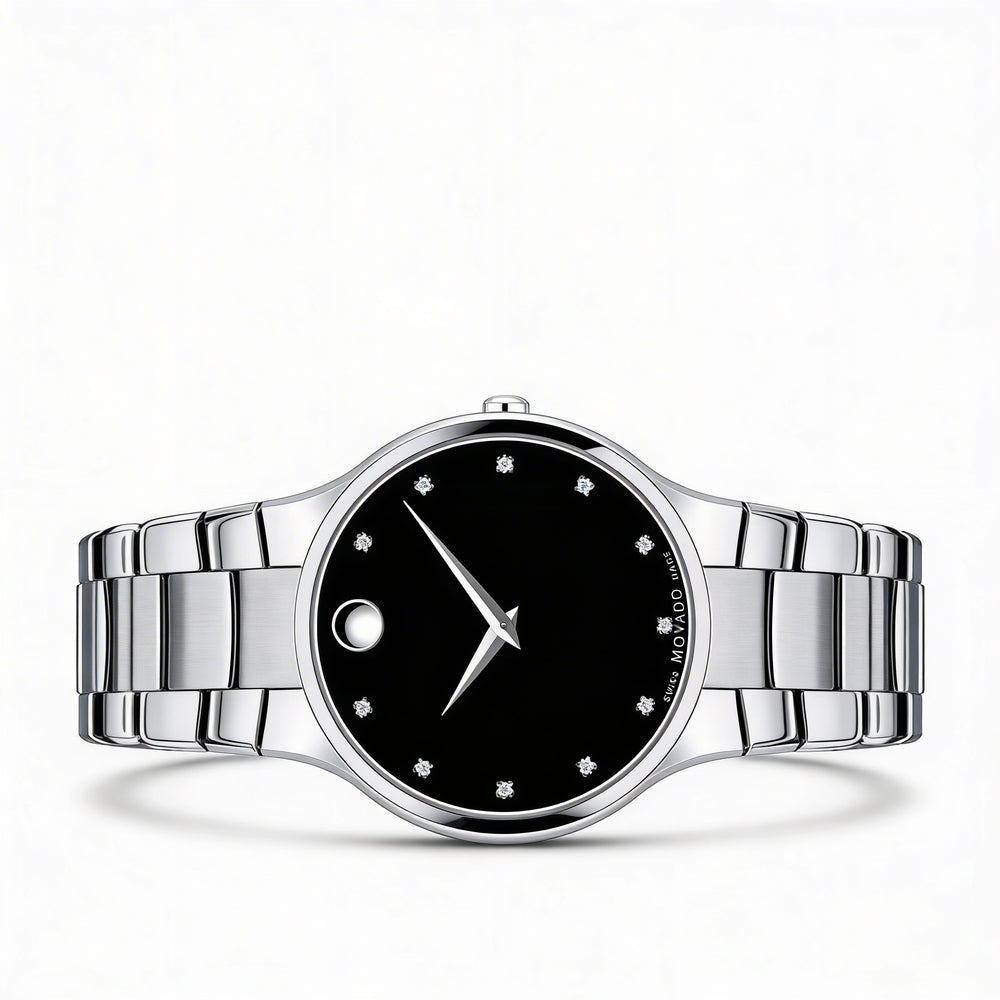 Reloj de cuarzo Movado Serio para hombre, de acero inoxidable en tono plateado, con esfera de museo negra y correa de 38 mm.
