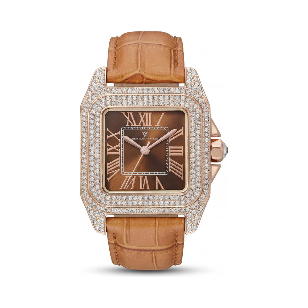 Reloj Christian Van Sant CV4423 Radieuse para mujer, correa de cuero marrón, caja de latón, cuarzo, resistente al agua con cristales, detalles en oro rosado 41mm