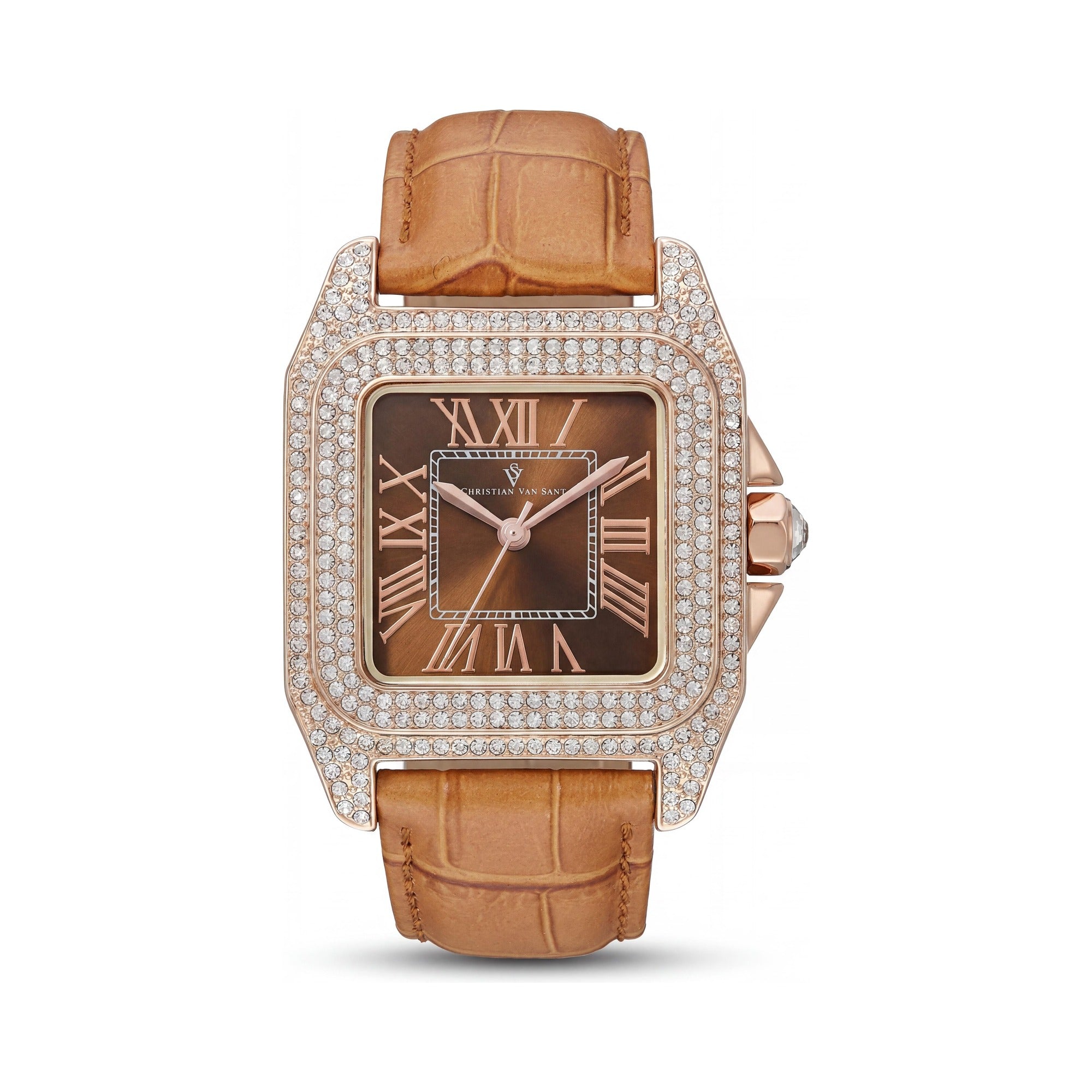 Christian Van Sant CV4423 Radieuse Women's Brown Leather Strap Brass Case Quartz Water Resistant Watch with Crystals, Rose Gold Accents 41mm, Photo 1