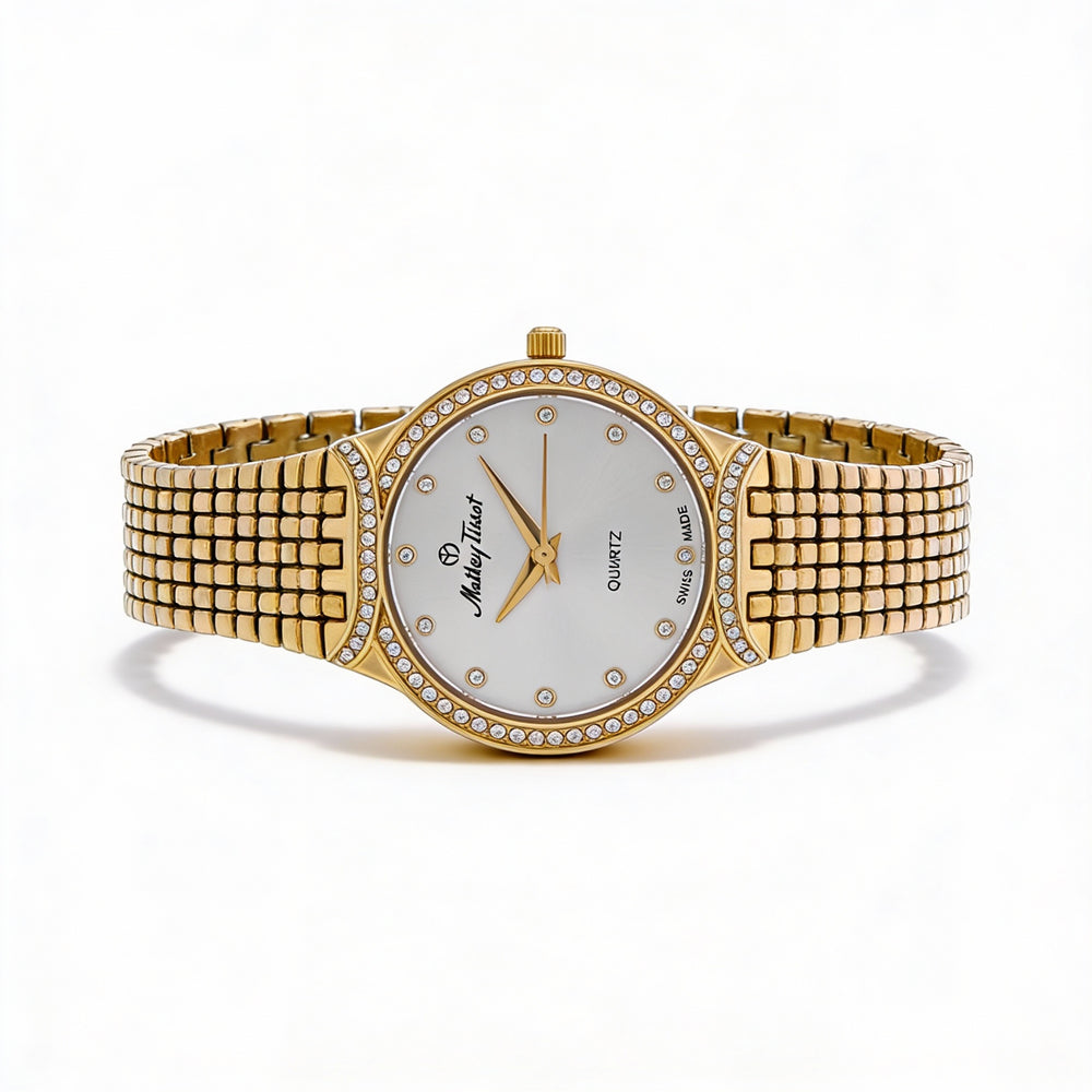 Reloj Mathey-Tissot para mujer con movimiento de cuarzo, esfera dorada y cristal de zafiro, resistente al agua hasta 50 m.