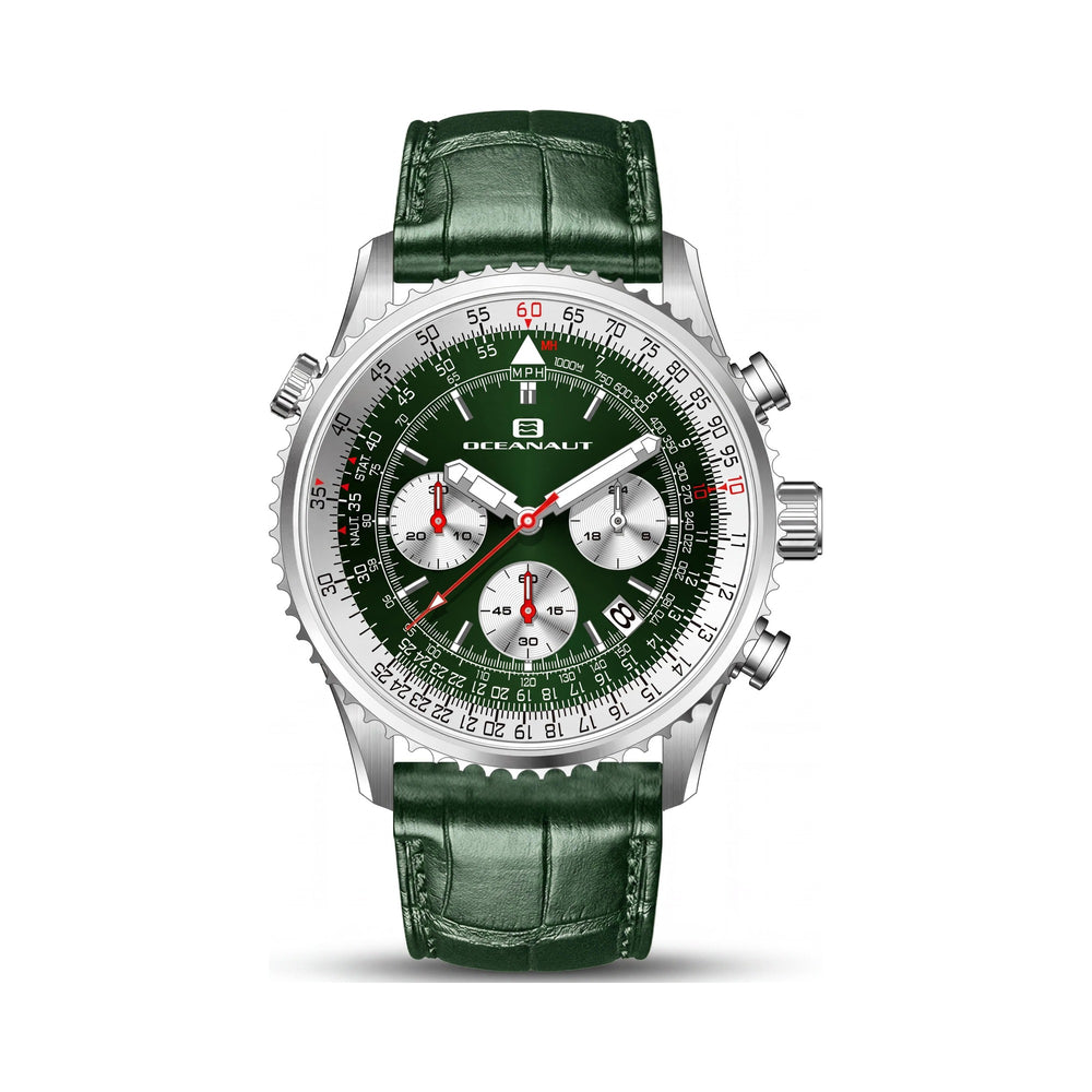 Reloj cronógrafo Oceanaut para hombre con esfera verde, caja de acero inoxidable y correa de piel.