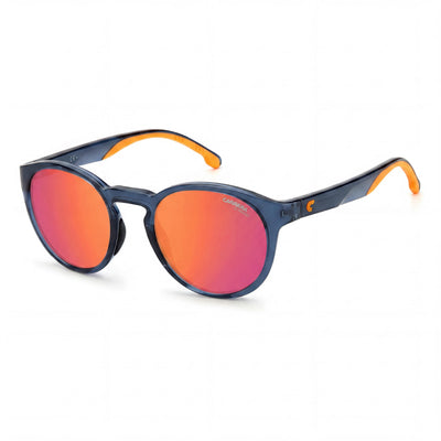 Carrera 8056/S Gafas de sol de hombre con montura azul, lentes de policarbonato con efecto espejo rojo fuego, sin polarizar y con protección UV, 51mm