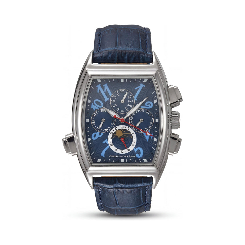 Christian Van Sant CV2135 Men's Grandeur Automatic Blue Dial Stainless Steel Case Leather Strap Mineral Crystal 50M Water Resistant Watch