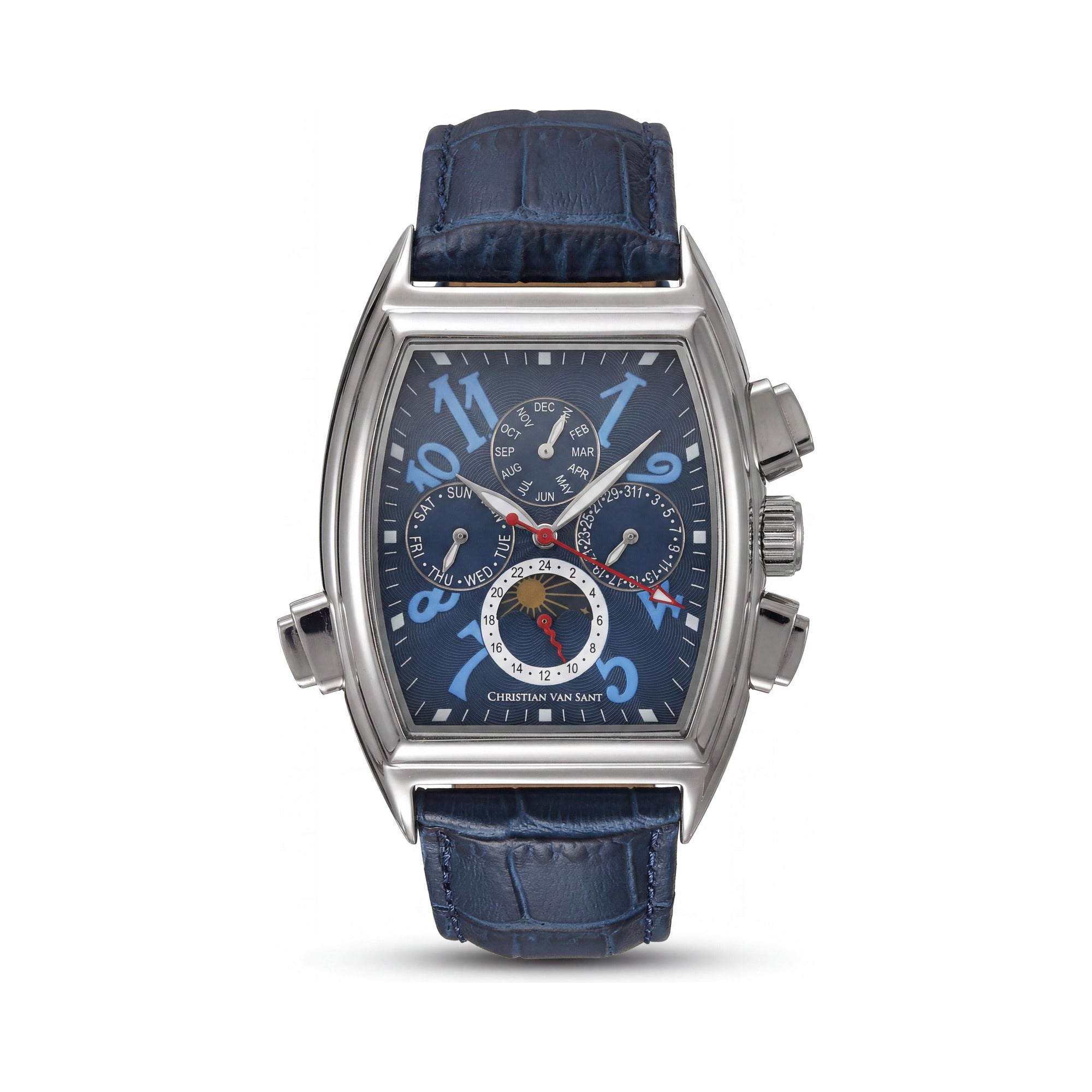 Reloj Christian Van Sant Grandeur automático de hombre con esfera azul, caja de acero inoxidable, correa de cuero, cristal mineral y resistencia al agua de 50 m, Photo 1