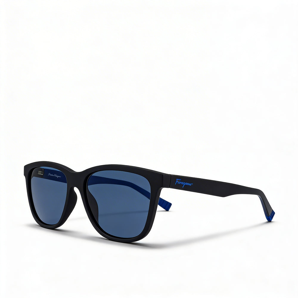 Ferragamo SF998S Unisex Modified Rectangle Matte Black Injected Frame Blue Lens 100% UV Sunglasses 57mm