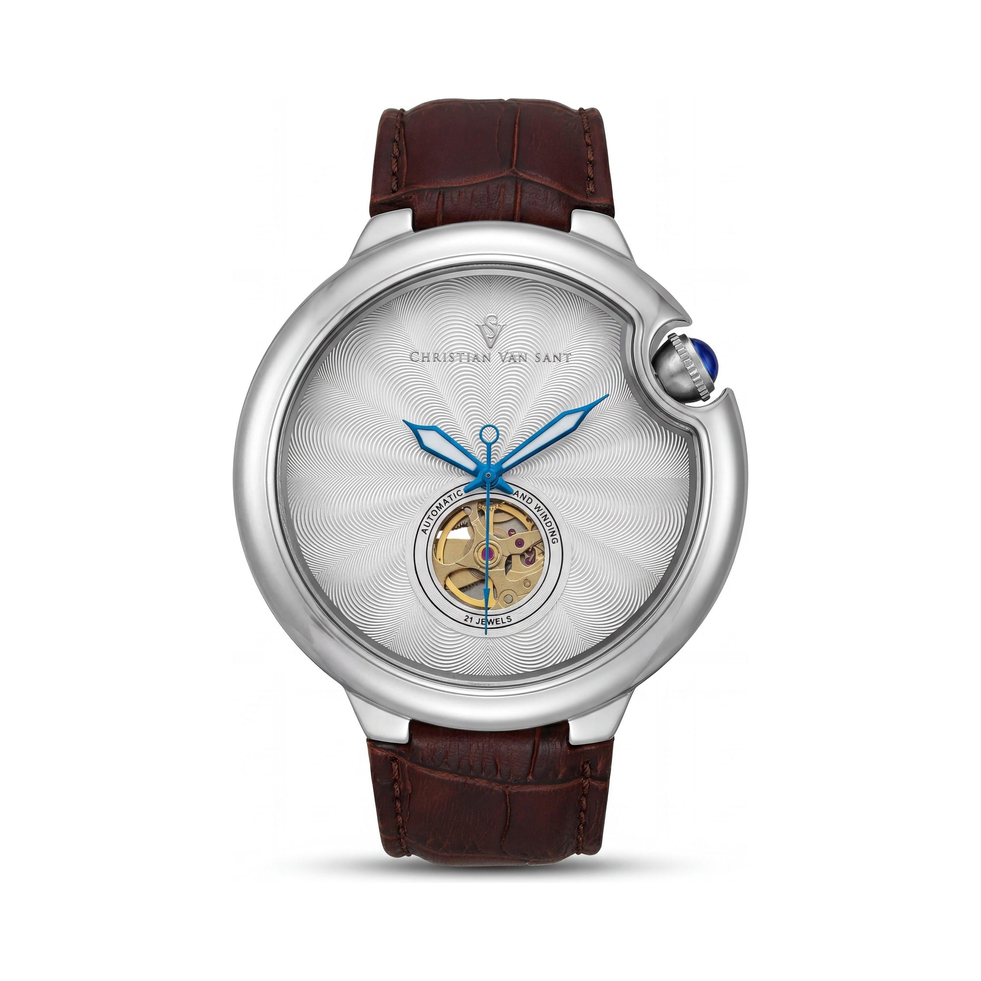 Christian Van Sant CV0141 Cyclone Automatic Men's Brown Silver Stainless Steel Case Leather Strap 46mm Watch, Photo 1