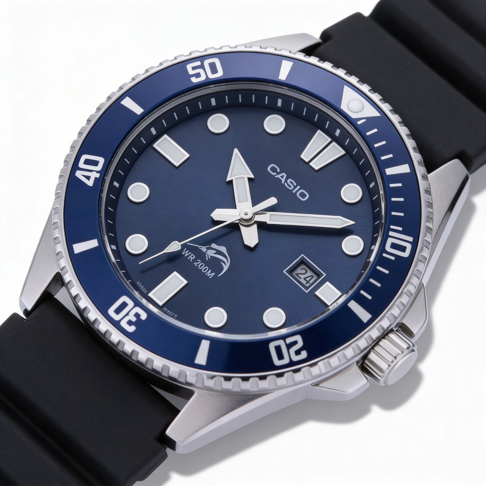 Casio Diver Inspired Unisex Quartz Watch, Stainless Steel Case, Blue Bezel, Resin Strap, 200m WR