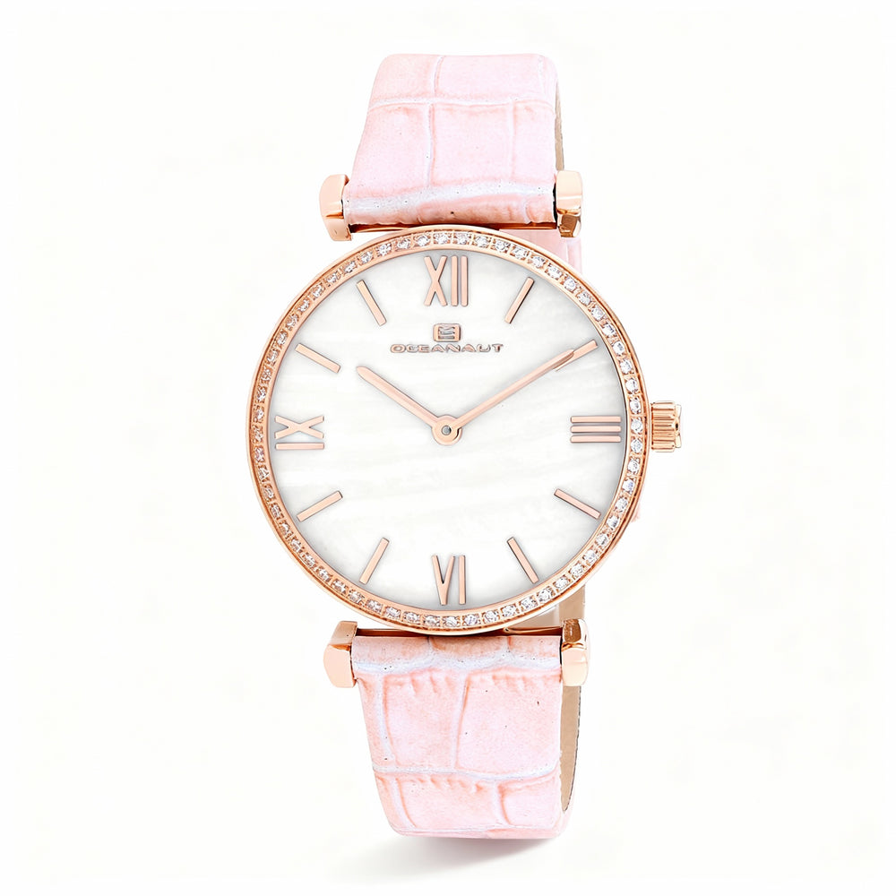 Reloj Oceanaut Casual de cuarzo para mujer, resistente al agua, de 42 mm, acero inoxidable blanco, bisel de cristal y esfera de nácar.