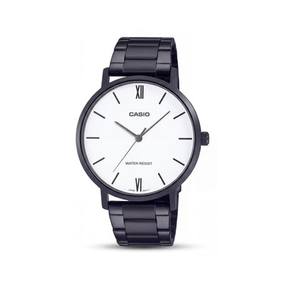 Casio MTP-VT01B-7BUDF Men's Analog Quartz Watch, Black Ion Plated Stainless Steel, White Dial, Water Resistant