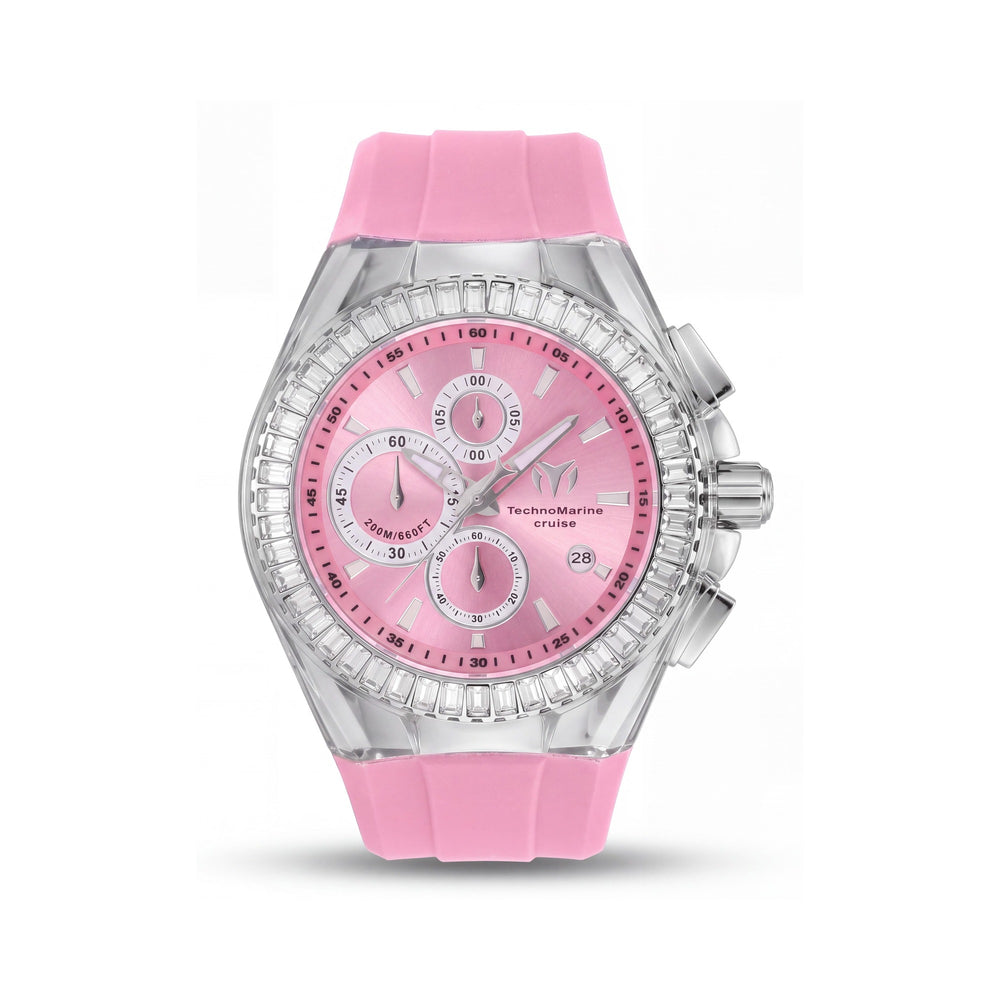 TechnoMarine Cruise Modern Unisex Reloj de Cuarzo 45mm, Caja Plateada, Esfera Rosa, Correa de Silicona, 20 ATM