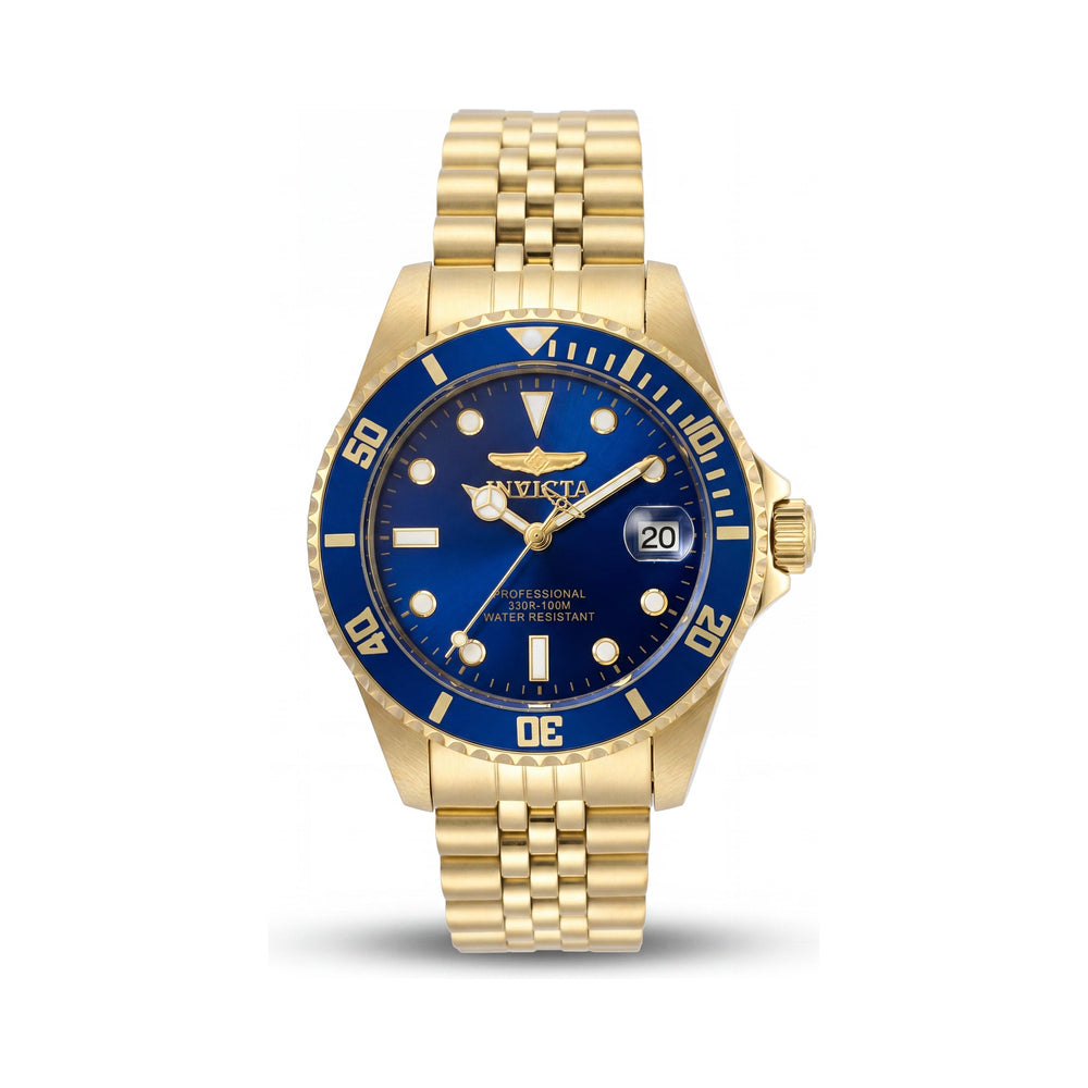 Reloj de buceo de cuarzo Invicta Pro Diver para mujer con fecha, caja dorada y esfera azul de 34 mm.