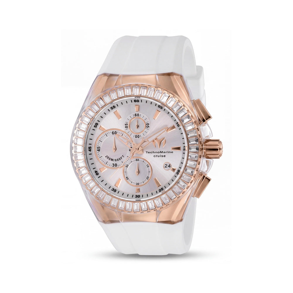 Reloj de cuarzo de cronógrafo Technomarine para hombre TM-121161, caja de tono oro rosa, correa de silicona blanca, 45 mm