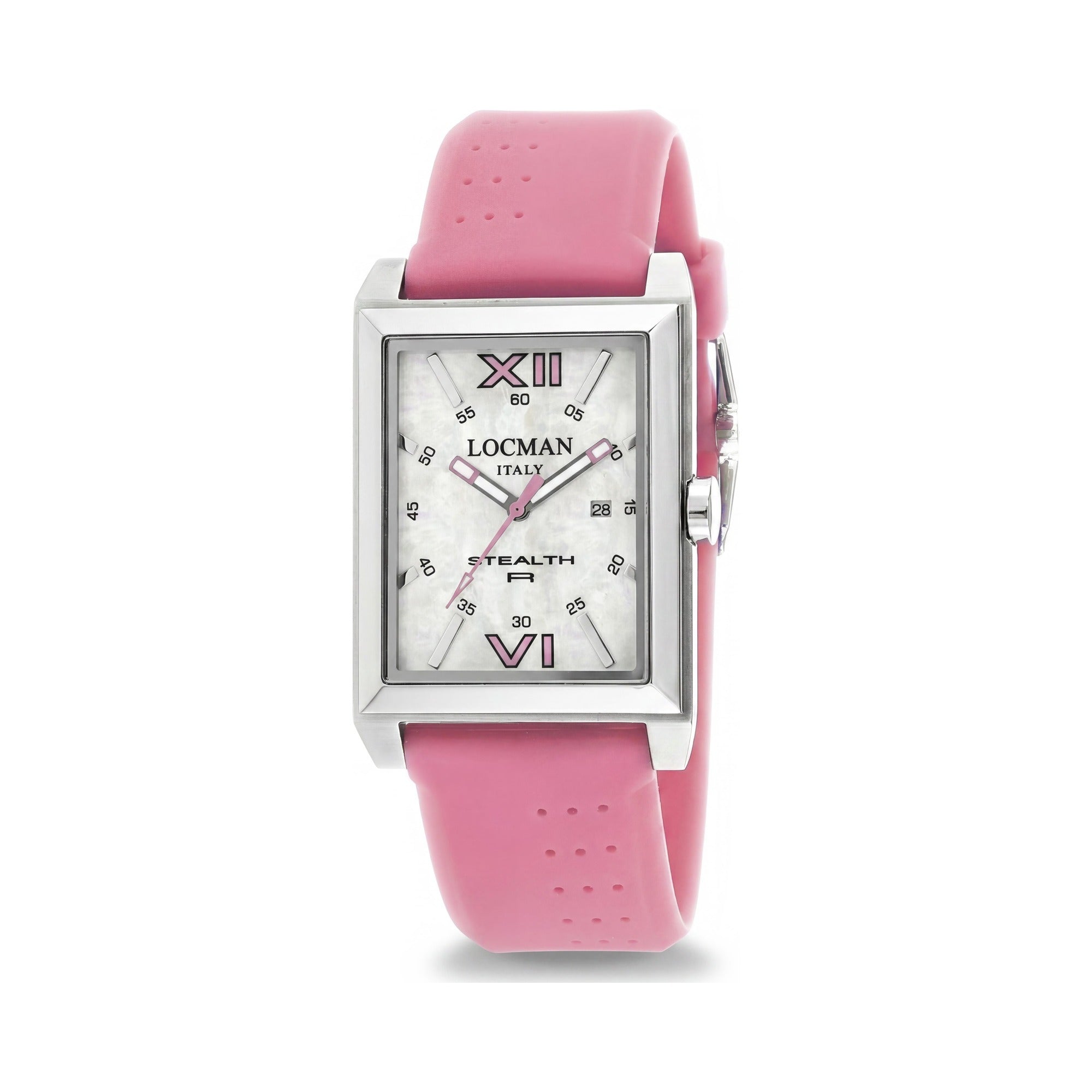 Reloj de cuarzo Locman para hombre: caja de acero inoxidable blanco, correa de silicona, esfera de nácar, resistente al agua., Photo 1