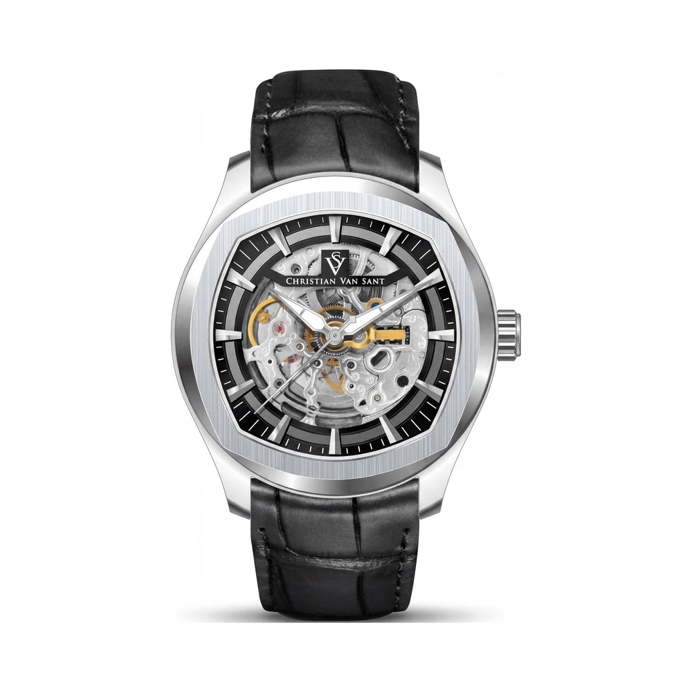 Reloj Christian Van Sant para hombre con correa de cuero y movimiento automático, esfera negra, caja de acero inoxidable