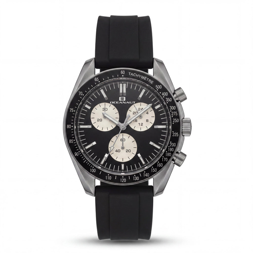 Reloj cronógrafo Oceanaut Modern para hombre con esfera negra, caja de plástico, correa de cuero y movimiento de cuarzo.