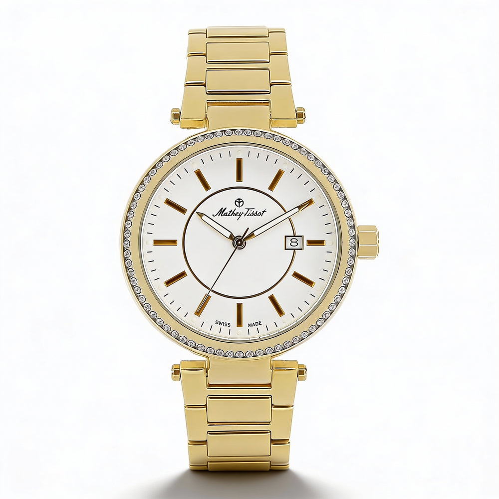 Reloj MATTHEY-TISSOT para mujer con movimiento de cuarzo, caja y pulsera de acero inoxidable, esfera blanca, resistente al agua